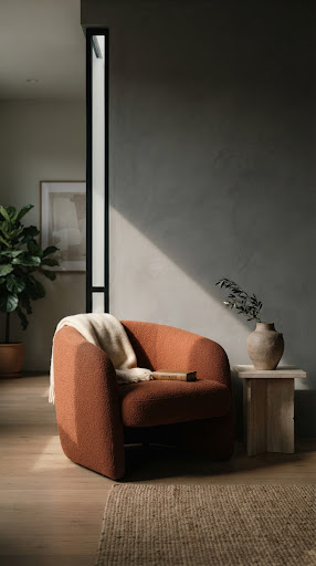 Fauteuil ocre dans un intérieur calme baigné de lumière
